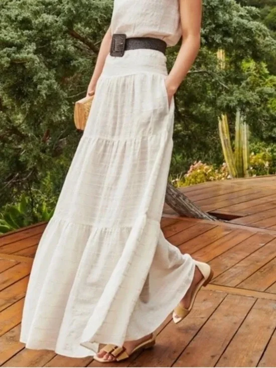 J McLaughlin Ophelia White Linen Cotton Blend Tiered Maxi Skirt Resort Wear LG - Picture 2 of 14